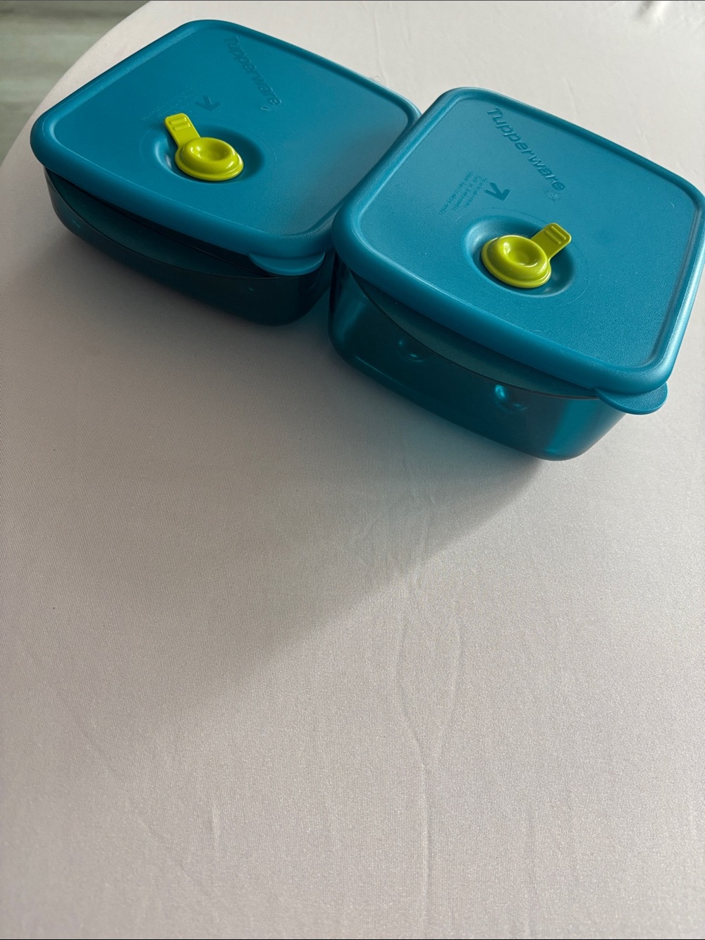 Tupperware Teal Blue Containers with Lime Green Vents (Pair)